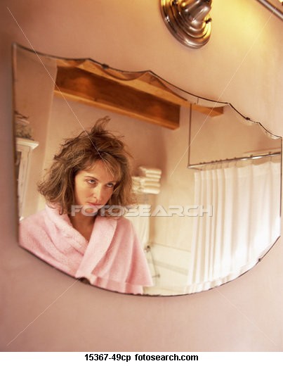   MISHAPS - Woman in bathrobe with messy hair, looking in bathroom mirror.jpg