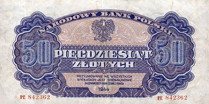 Banknoty Monety Numizmatyka Filatelistyka - PolandP115a-50Zlotych-1944-donatedtj_f.jpg