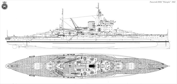 Okręty Wojenne - sylwetki rys.tech. - 36.Pancernik HMS Warspite.1942 rok.jpg